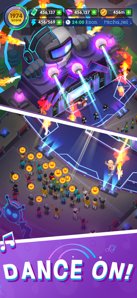 Idle Music Star Tycoon Games - Vibrant 3D music festival stage with a giant futuristic DJ helmet and a happy crowd