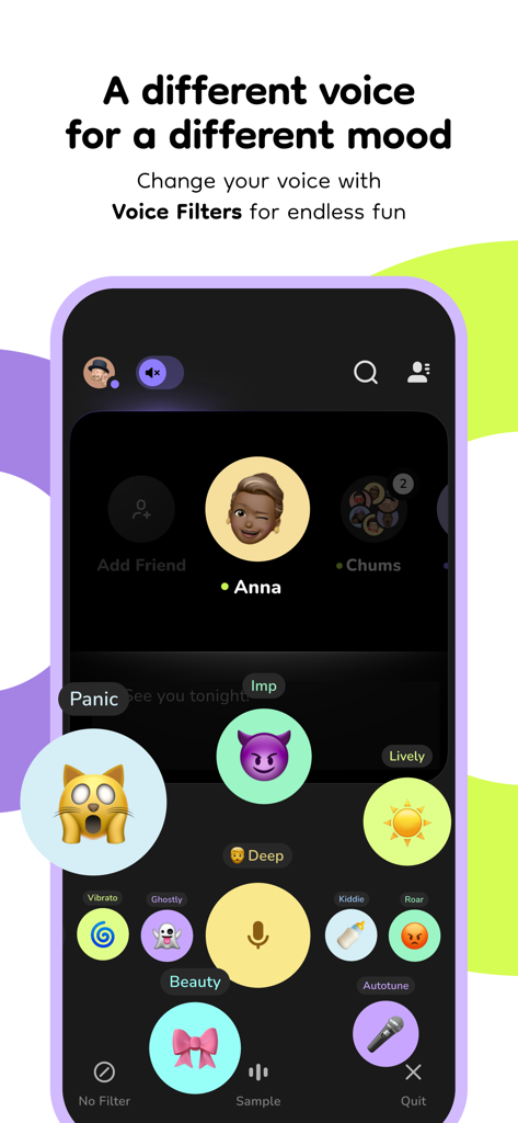 buz - voice connects - Interfaz de la aplicación buz que muestra filtros de voz divertidos como fantasma e duende para mensajería por voz
