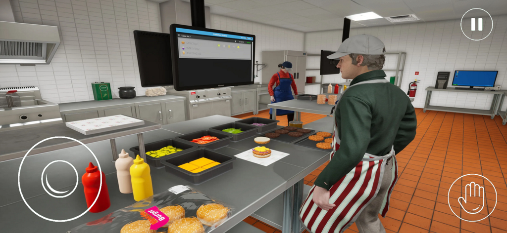 Fast Food Restaurant Simulator - ハンバーガーの材料とシェフのキャラクターが表示された商業キッチンのファーストパーソンビュー