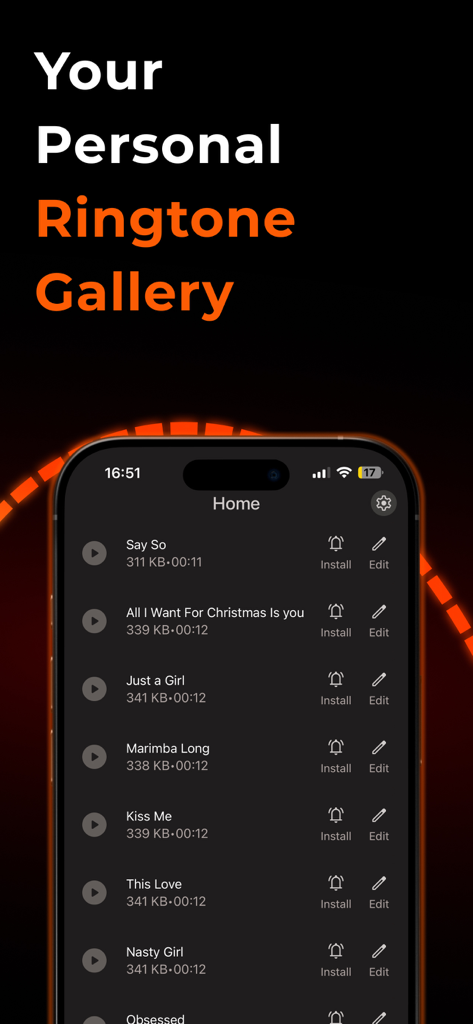 Home screen of the Any Ringtones app showing a list of personalized sounds and popular song ringtones