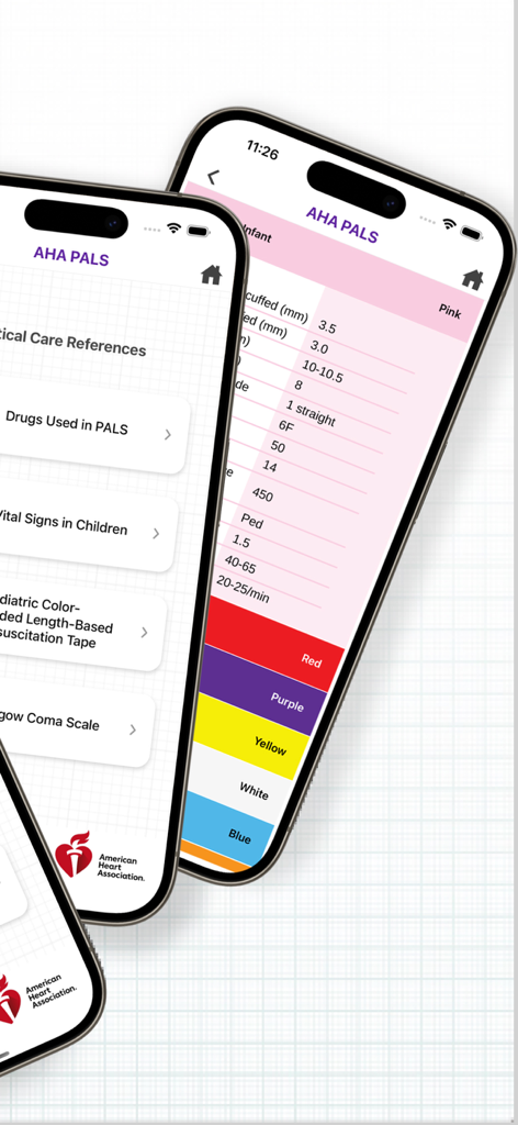 AHA PALS - Interfaz de la aplicación AHA PALS que muestra referencias de cuidados críticos pediátricos y tablas de cintas de reanimación codificadas por colores
