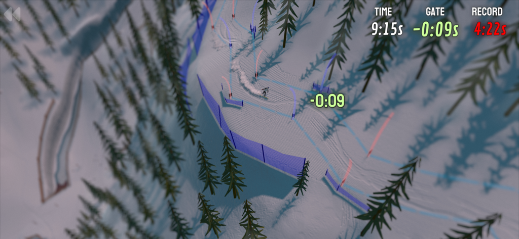 Grand Mountain Adventure - A top-down gameplay view of a skier navigating a slalom course through blue and red gates on a snowy mountain.