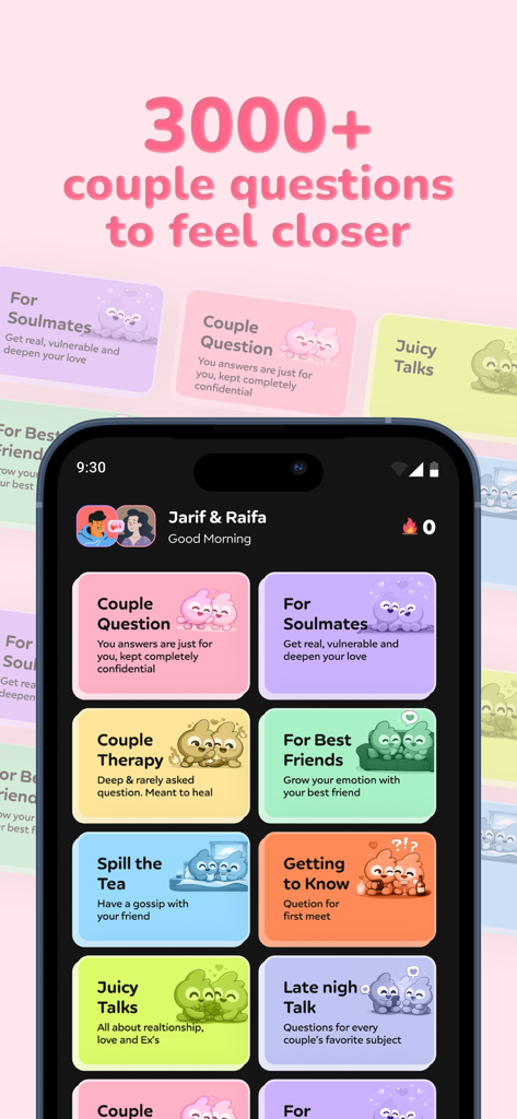 Tela de smartphone exibindo várias categorias de perguntas de conexão para casais no aplicativo Lovora
