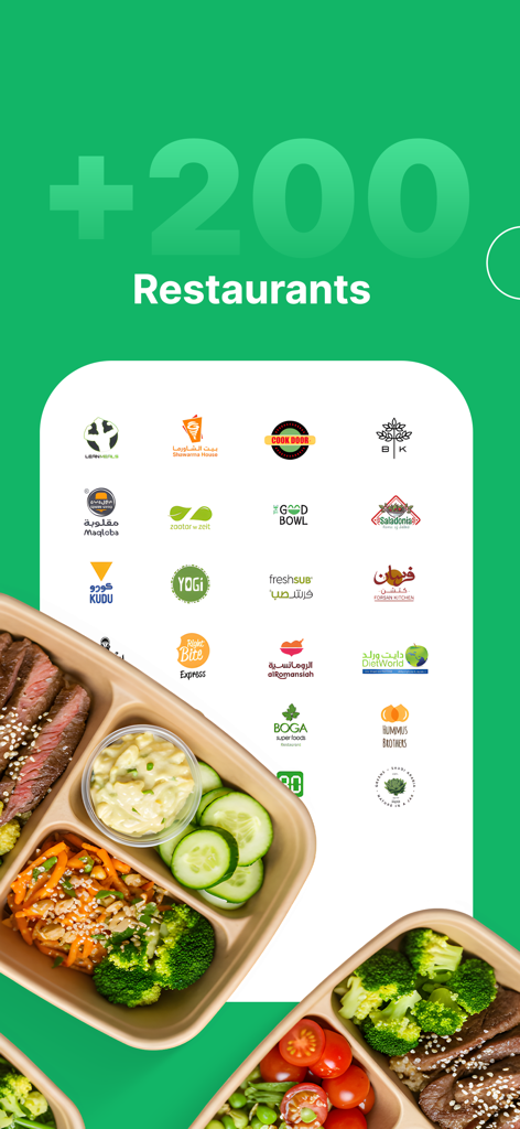 DailyMealz: Food Subscription - DailyMealz app screen showing over 200 restaurant partners and examples of healthy subscription meal boxes