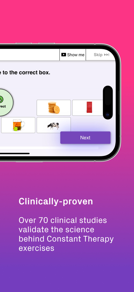 Smartphone screen showing a cognitive therapy exercise and text about 70 clinical studies validating the app