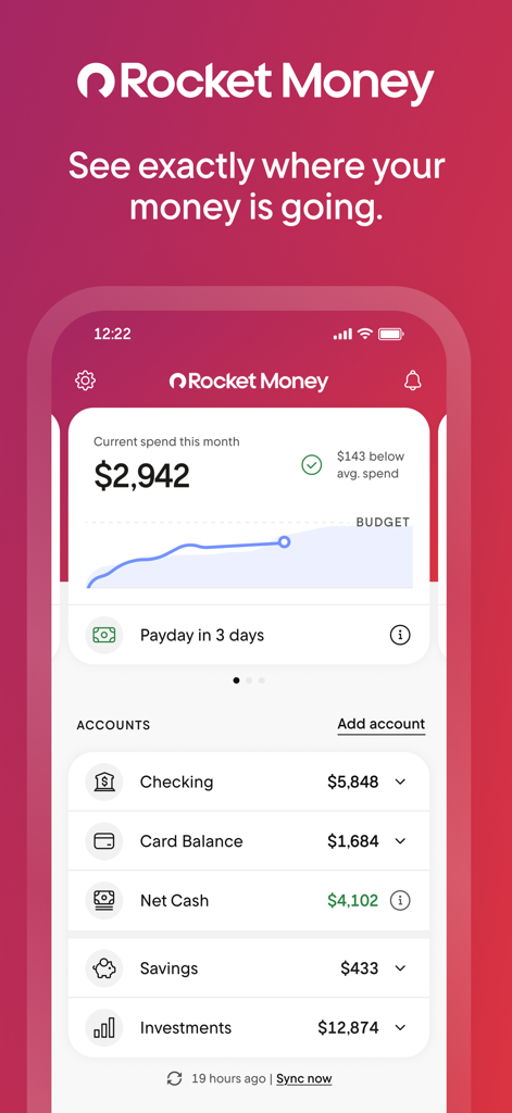Rocket Money app interface showing a monthly spending summary and a list of financial accounts including checking and savings