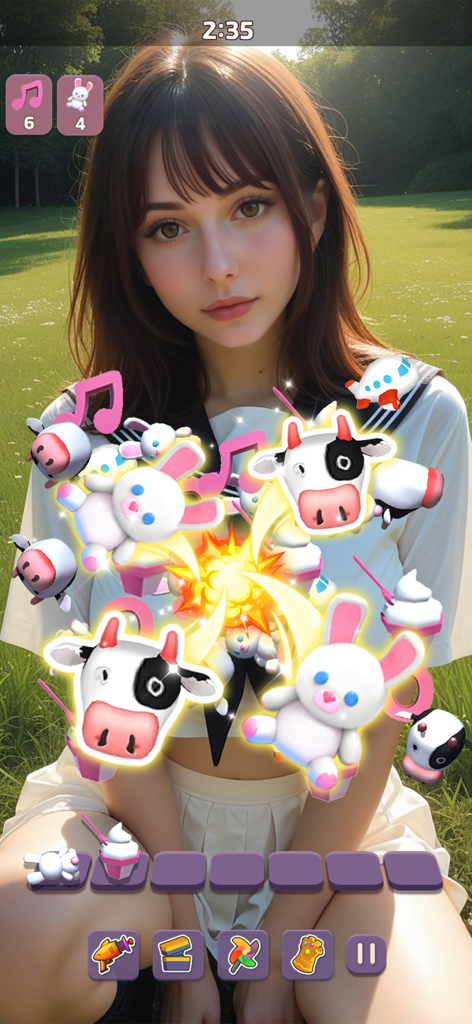 Jugabilidad de rompecabezas triple match 3D con objetos de animales lindos y un fondo de chica romántica