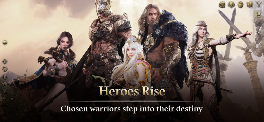 Legend of YMIR - Um grupo de cinco guerreiros inspirados em nórdicos em pé juntos com o texto 'Heroes Rise' ('Heróis Ascendem') e 'Chosen warriors step into their destiny' ('Guerreiros escolhidos abraçam seu destino')