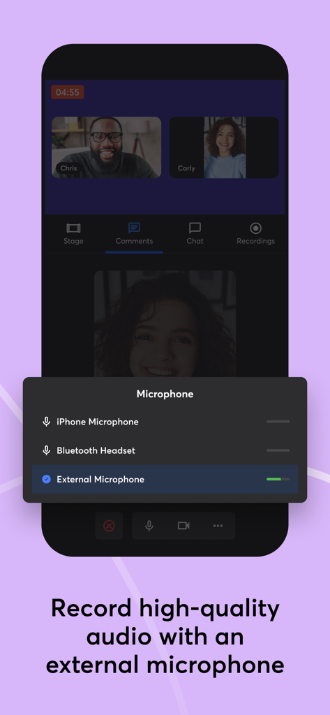 Interfaz de la aplicación móvil StreamYard Guest mostrando el menú de selección de micrófono con un micrófono externo seleccionado para grabación de audio de alta calidad