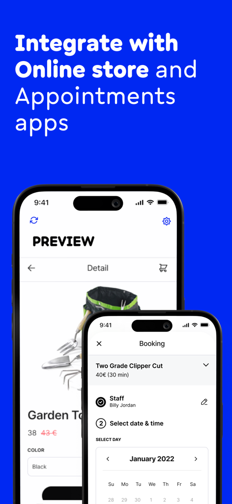 Billdu app screen showing online store and appointment booking integration