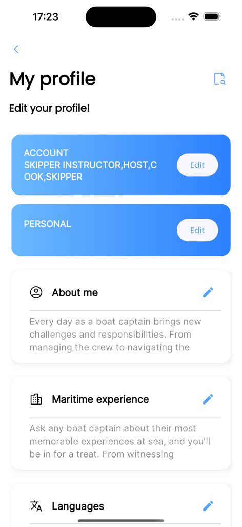 S4Y crew app - Schermata di gestione del profilo utente nell'app S4Y Crew che mostra esperienza marittima e ruoli di lavoro in yacht.