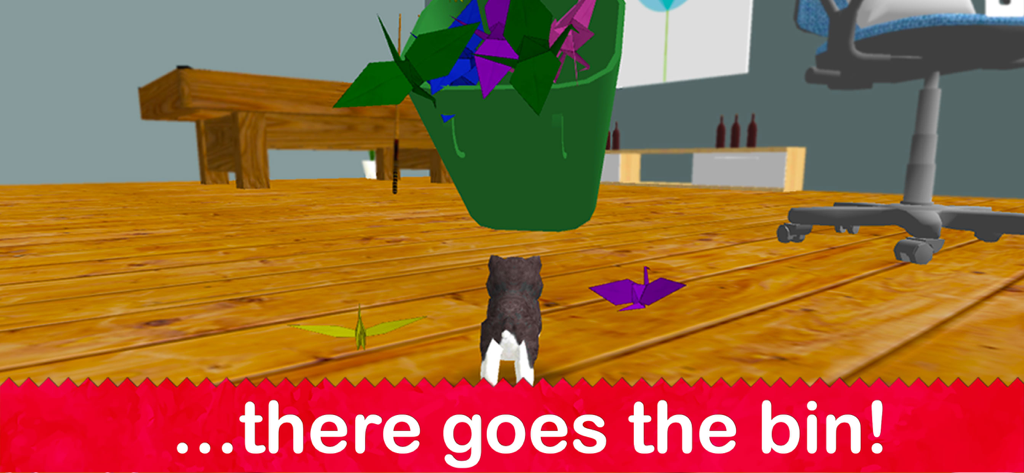 Dog Simulator 2022 - A puppy knocking over a green bin filled with colorful origami birds on a wooden floor.