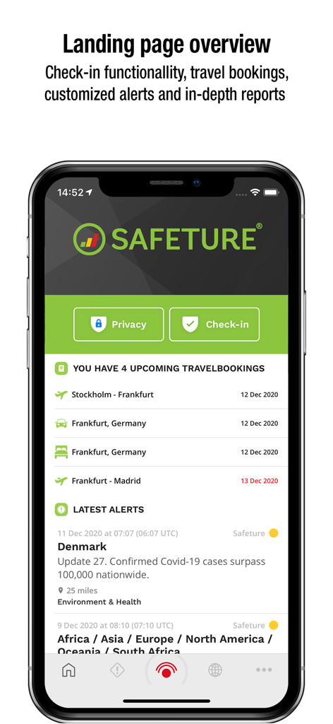 Safeture - Safeture app landing page overview showing travel bookings and safety alerts