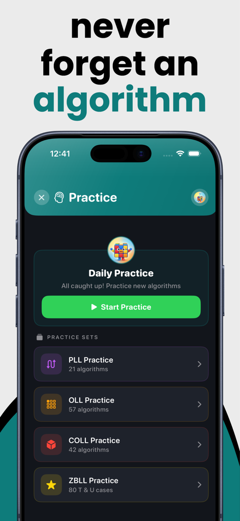 CuberPal: Cube Timer & Coach - CuberPal app interface showing daily practice sets for PLL OLL COLL and ZBLL algorithms