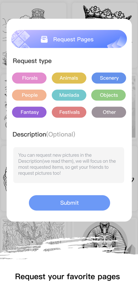 An interface within the Adult Coloring Book app where users can request new coloring categories like Florals, Animals, and Mandalas.