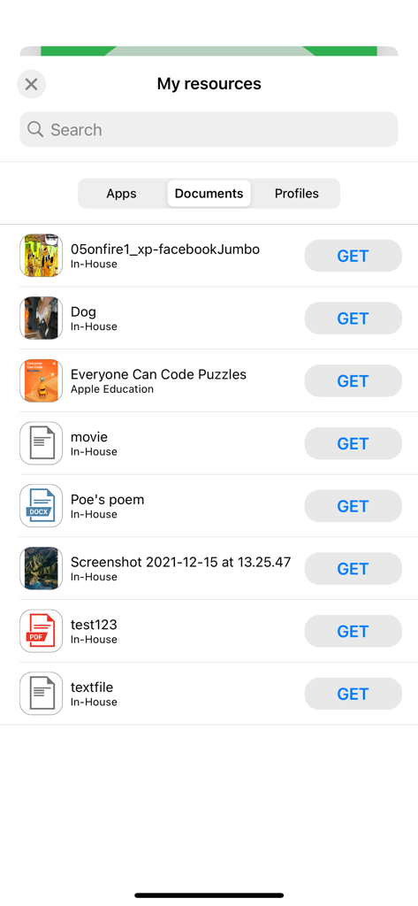 Jamf Teacher - My resources screen in the Jamf Teacher app showing a list of classroom documents and files