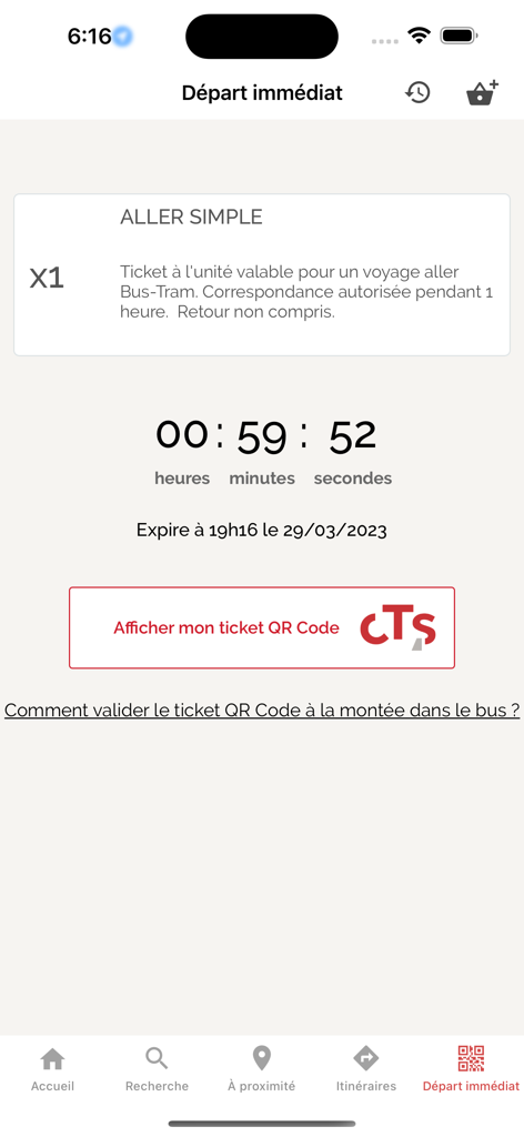 Ein aktives Einzelfahrten-Digitalticket in der CTS Transports Strasbourg App mit Countdown-Timer und einer Schaltfläche zur Anzeige eines QR-Codes.