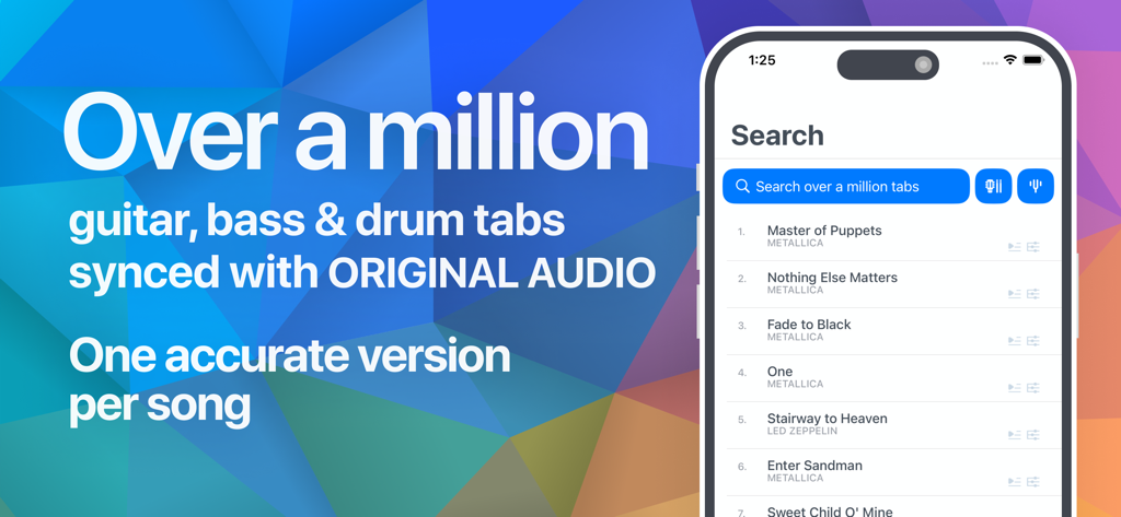 Songsterr Tabs & Chords - Songsterr app search screen showing a million guitar tabs and chords with original audio synchronization
