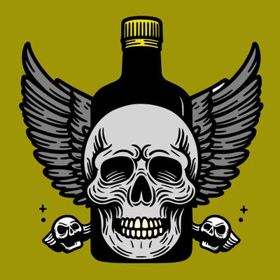 skull with wings with bottle of whiskey