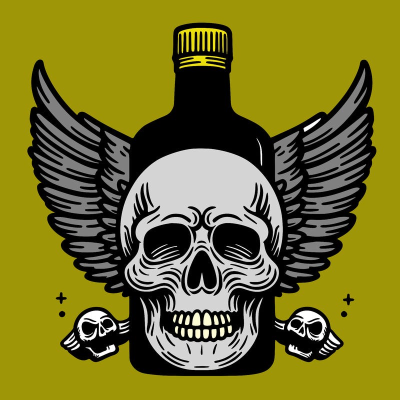 skull with wings with bottle of whiskey