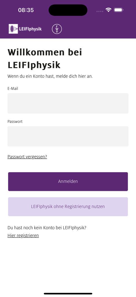 LEIFIphysik - Página de login do aplicativo LEIFIphysik com campos de e-mail e senha e opção de acesso como convidado