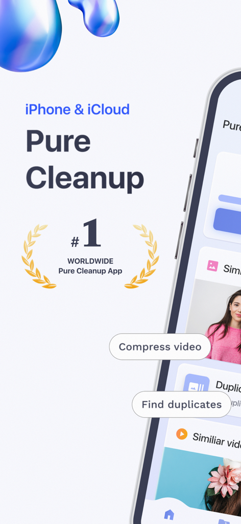 Pure Cleanup app interface on iPhone featuring video compression and duplicate photo tools