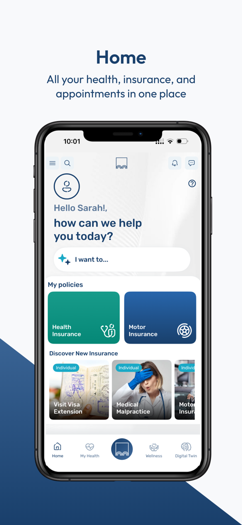 Tela inicial do aplicativo MEDGULF mostrando apólices de seguro de saúde e automóvel com um painel personalizado para gerenciamento de saúde