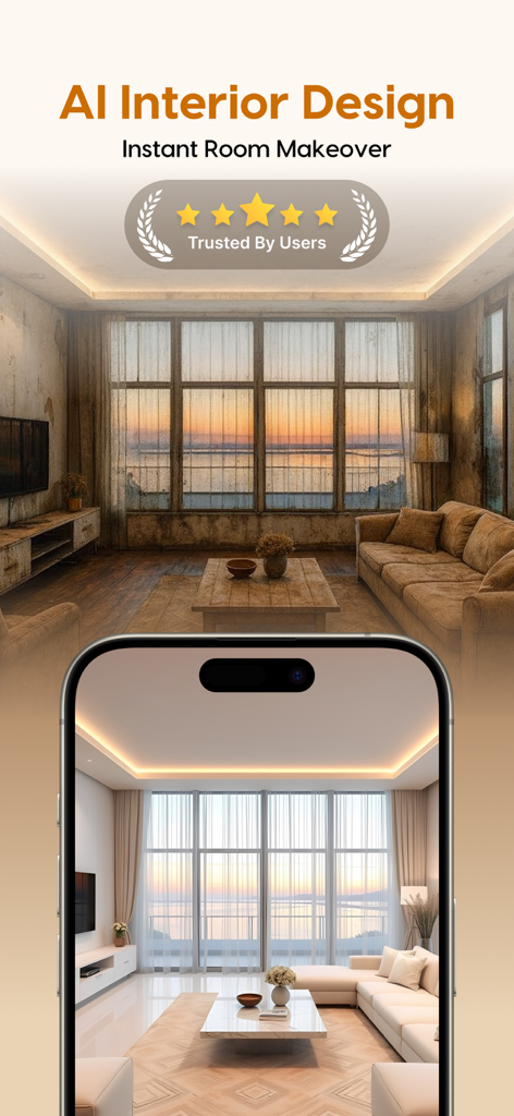 Bildschirm eines Smartphones, der ein sofortiges Raum-Makeover von einem rustikalen zu einem modernen Wohnzimmerdesign mit KI zeigt