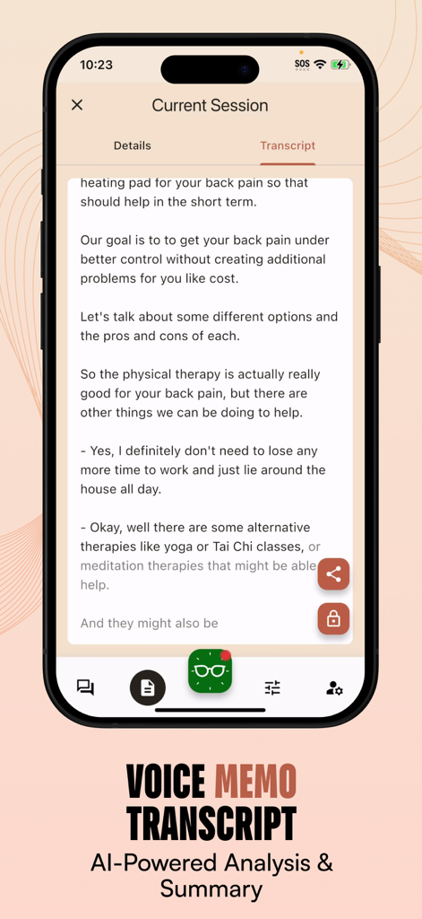 Hedy AIミーティングコーチのモバイルスクリーンショットで、理学療法とウェルネスに関する会話のリアルタイム文字起こしを表示しています