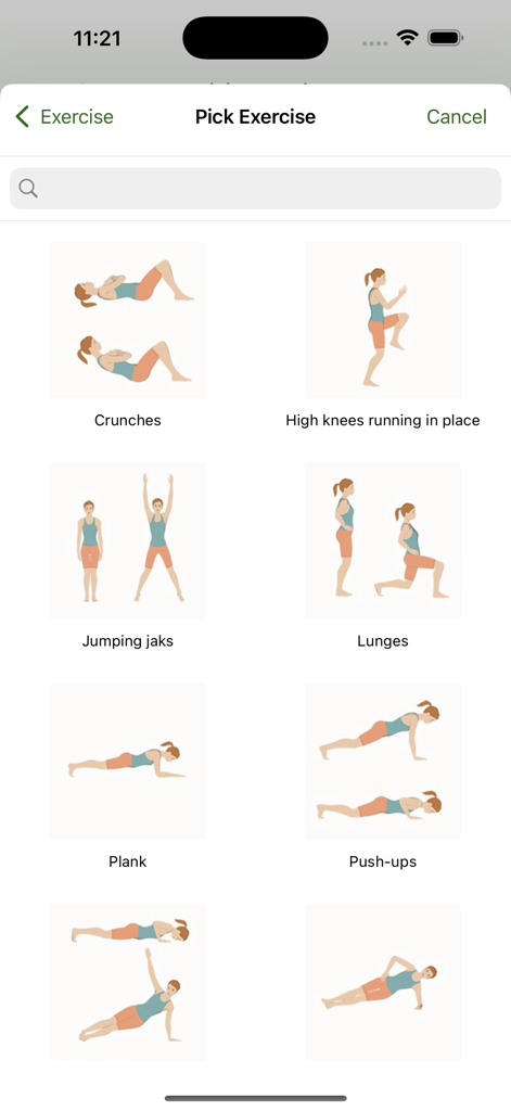 Oberfläche der Mein Lauftracker-App mit einer Auswahl an Körpergewichtsübungen wie Ausfallschritte und Planks.