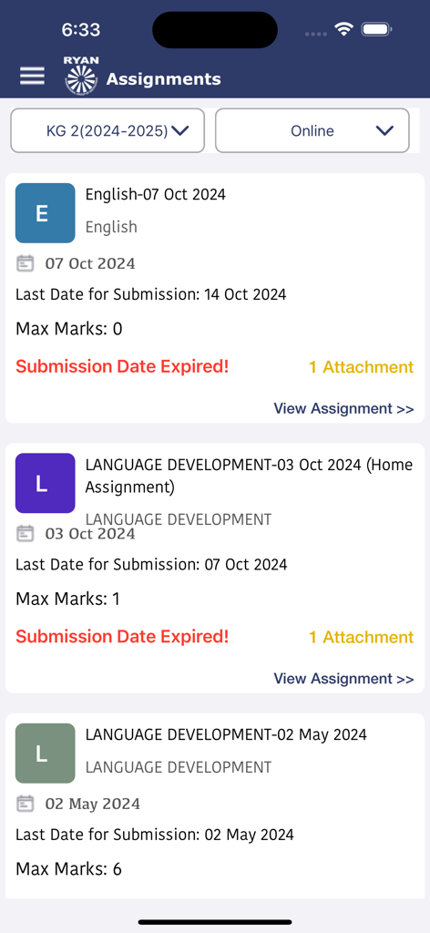 Ryan Parent Portal - Interface of the Ryan Parent Portal app displaying a list of student class assignments and their submission statuses.