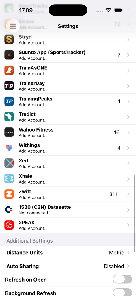 RunGap - Workout Data Manager - Eine Liste verbundener Fitnesskonten und Synchronisationseinstellungen innerhalb der Benutzeroberfläche der RunGap-App.