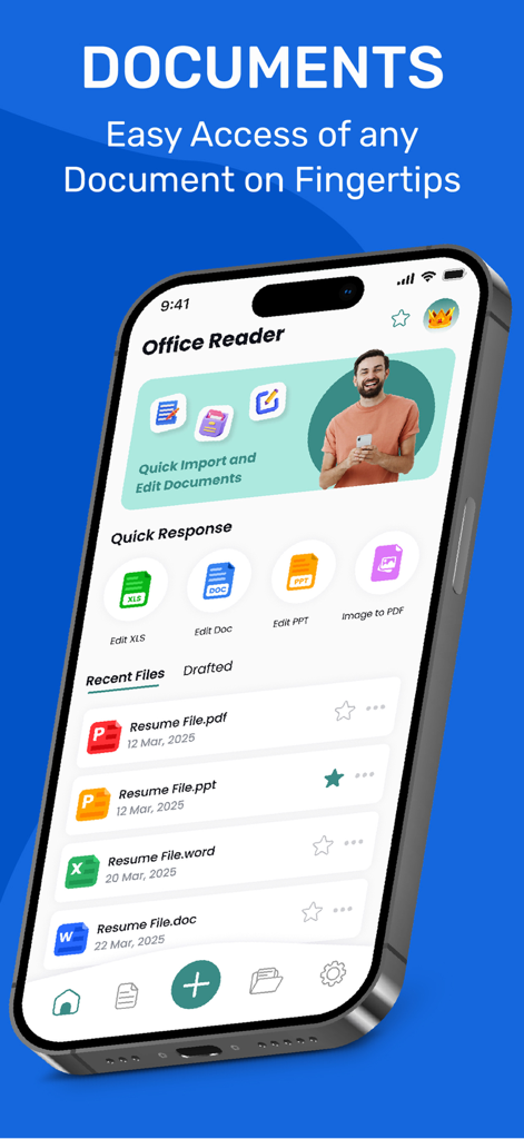 iPhone displaying the Office Suite app interface with options to edit Word Excel and PDF documents