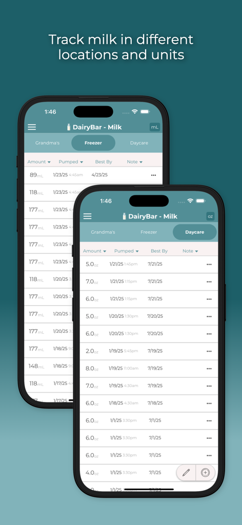DairyBar - DairyBar app screens showing breast milk storage tracking across different locations and measurement units