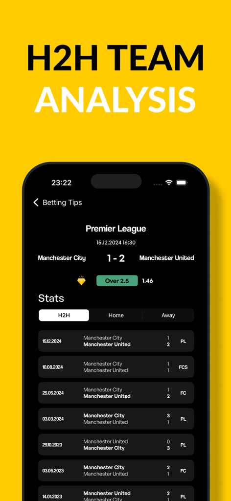 Betting Tips: Bet Predictions - 베팅 예측을 위한 헤드투헤드 축구 팀 분석 및 경기 기록을 보여주는 모바일 앱 화면
