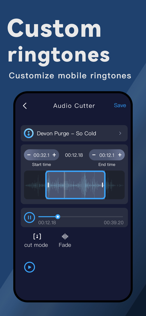 Benutzeroberfläche für den benutzerdefinierten Klingelton-Maker und den Audio-Cutter in der Musikerkennungs-App