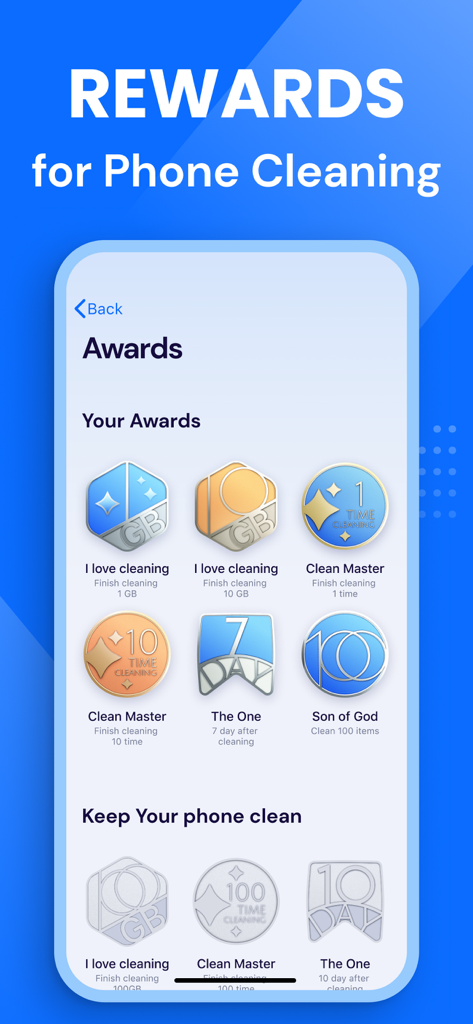 Clean Storage Now: Cleanup App - Gamified awards screen in the Cleanup App showing earned badges for phone cleaning milestones