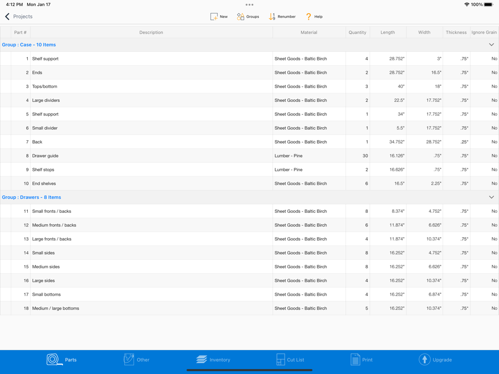 Detailed project parts list in the Offcuts app showing dimensions and materials for a woodworking project.