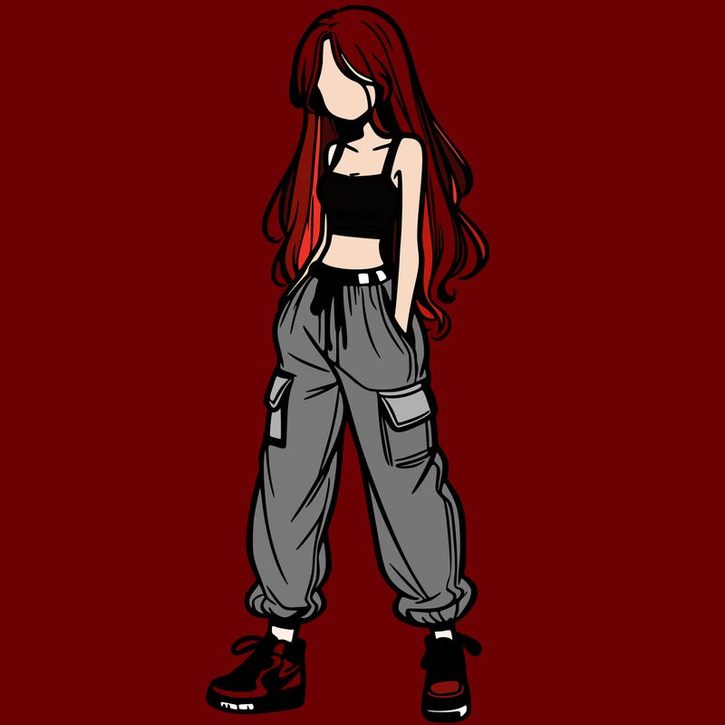 girl in baggy pants crop top and long hair