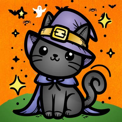 cat with witch hat and a witch suit