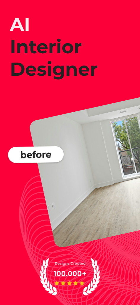 Interfaz de la aplicación AI Interior Designer que muestra una habitación vacía etiquetada como antes de la escenificación