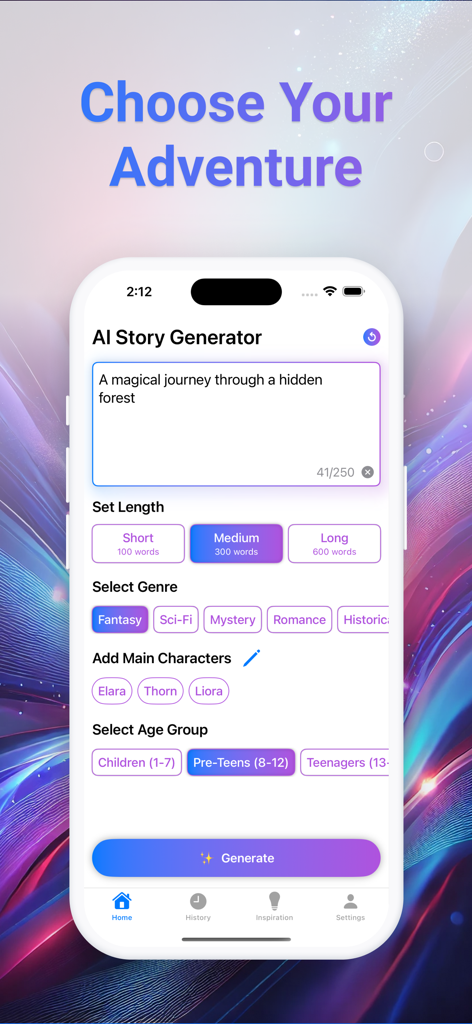 AI Story Generator: AI Writer - The AI Story Generator app interface displaying customization settings for story genre length characters and target age group