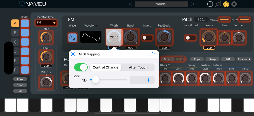 Nambu FM synthesizer app showing MIDI mapping interface and sound design controls