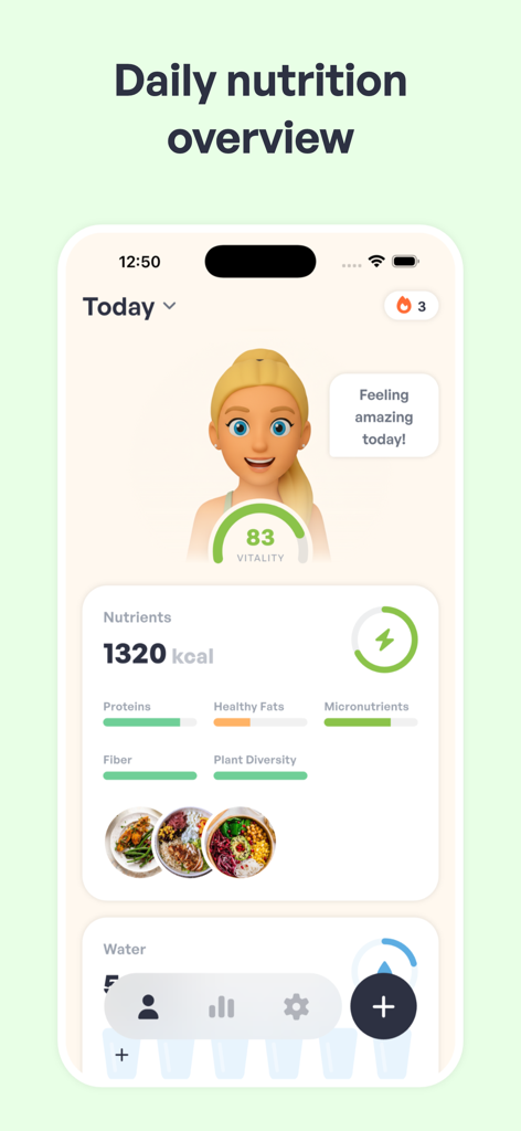 Miobi: AI Calorie Tracker - Dashboard of the Miobi app showing vitality score and nutrient progress