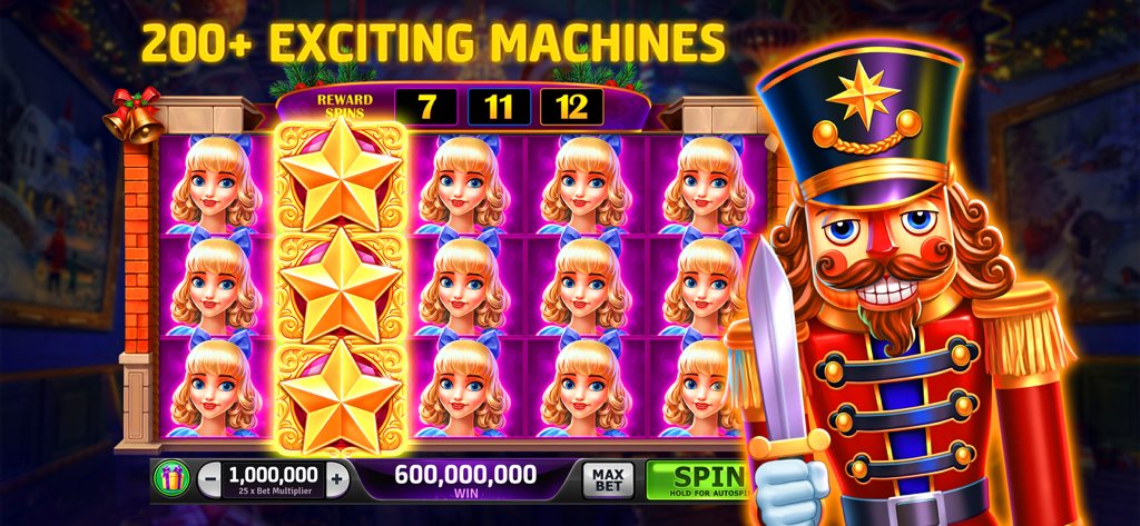 Écran de jeu Jackpot Slots Vegas Casino montrant une machine à sous sur le thème du casse-noisette de Noël avec un gros gain de jackpot.