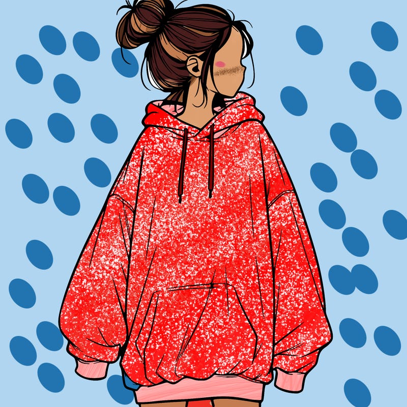 realistic girl with a oversized sweatshirt on and a bun