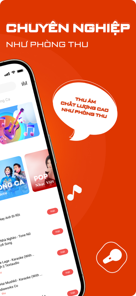 Yokara - Sing Karaoke Record - Yokara mobile app interface showing music library and professional recording features in Vietnamese