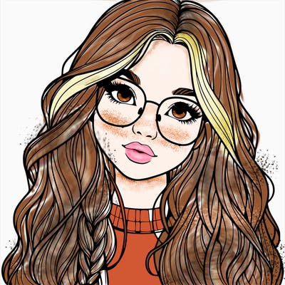 girl with long hair and freckles and glasses realistic