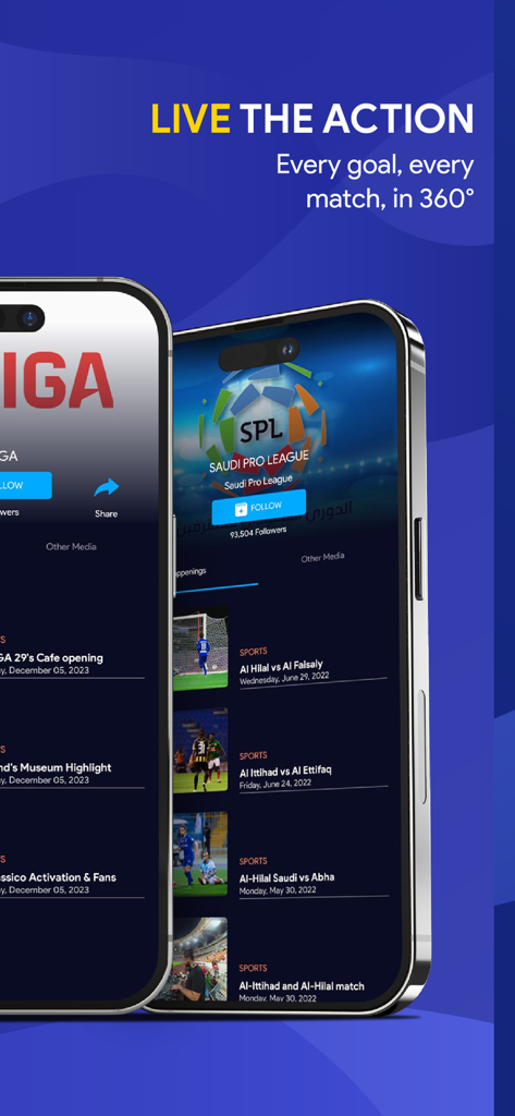 VUZ: Live 360 VR Videos - iPhone screens showing live 360 degree sports events and matches on the VUZ app