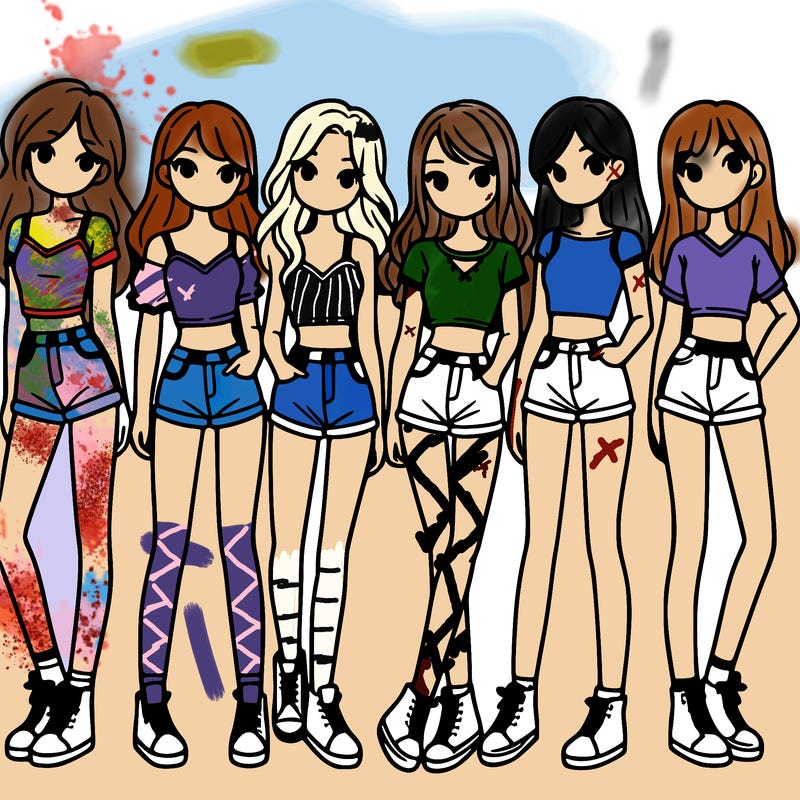 a group of girls wearing crop tops and shorts